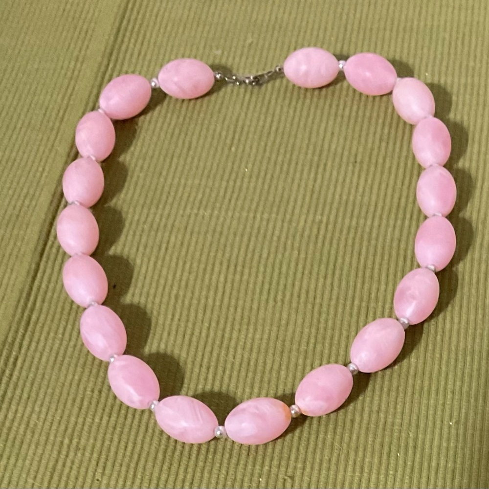 Elegant Marble White Pink Beaded Necklace Choker Silver Bead Spacers